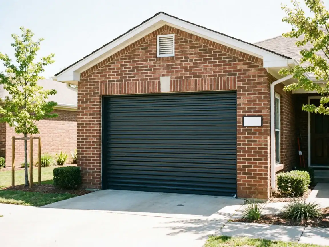 The house has a dark gray roll-up garage door and a brick facade.